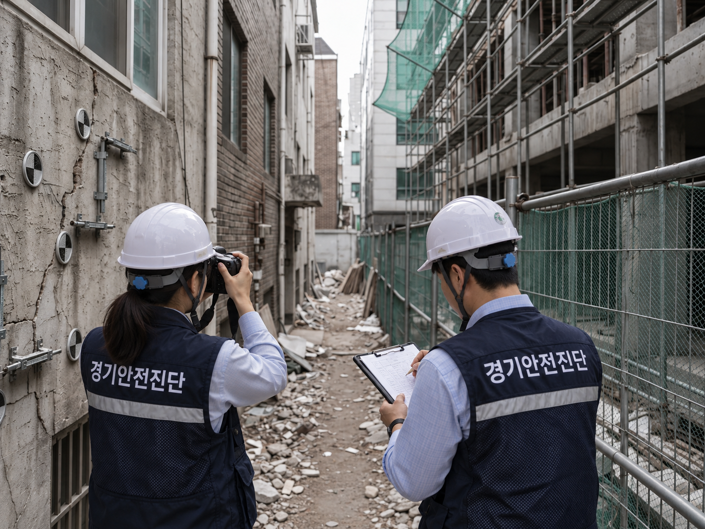 도심 골목 건설현장에서 건축물 상태를 점검하는 경기안전진단 기술자